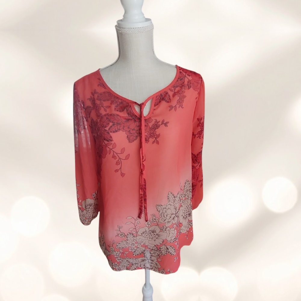 Adiva Coral-Pink Floral Tie-Neck Blouse